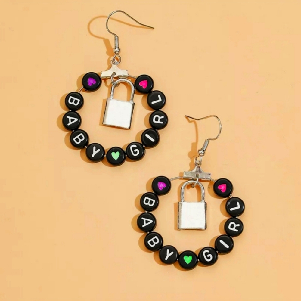 90s Y2k Baby Girl Typewriter Letter Beaded Hoop Earrings SHEIN NIP lock 2000s